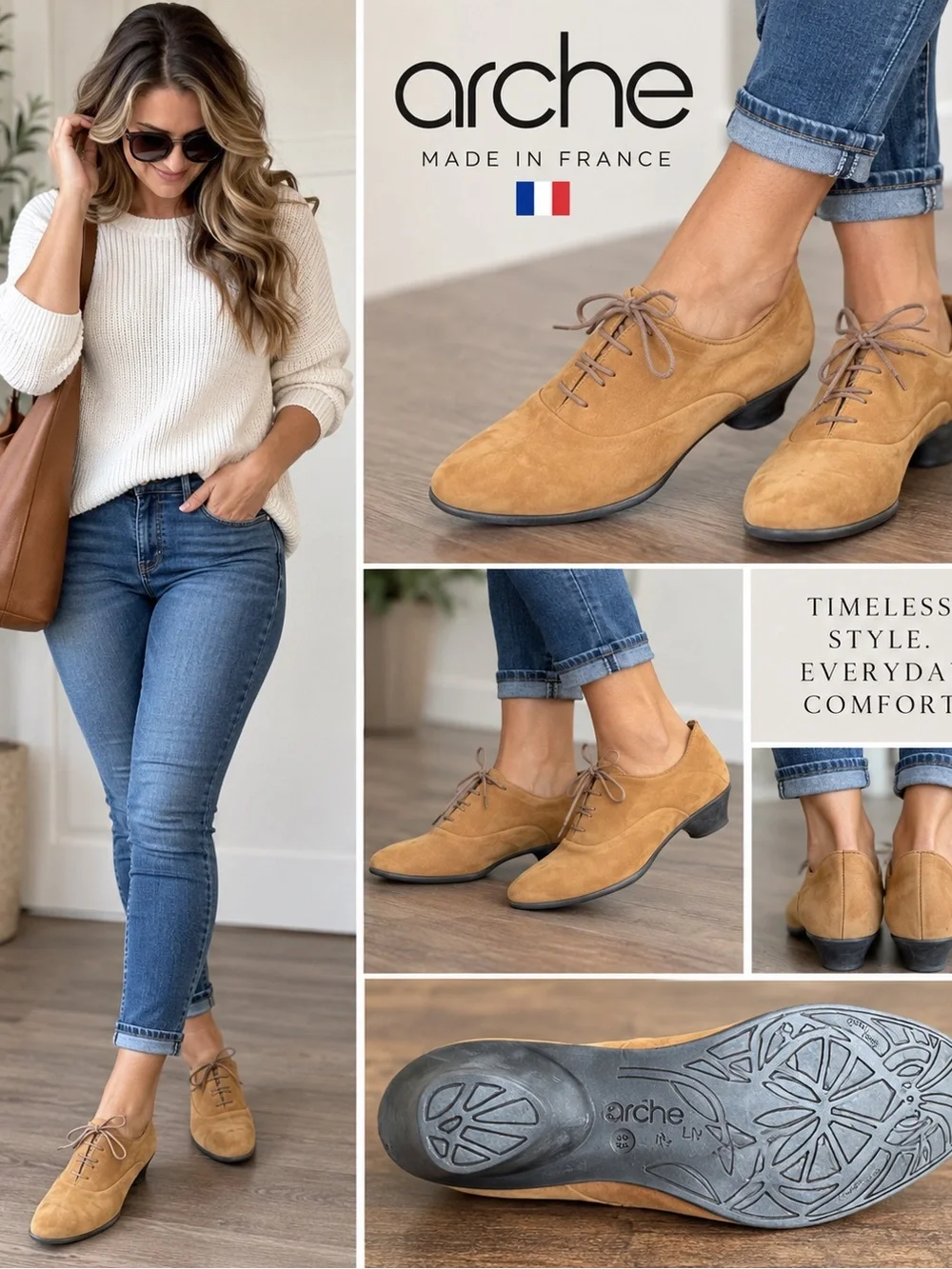 Arche Women’s Nubuck Leather Oxford Shoes W 7 Tan Camel Lace Up Made in France